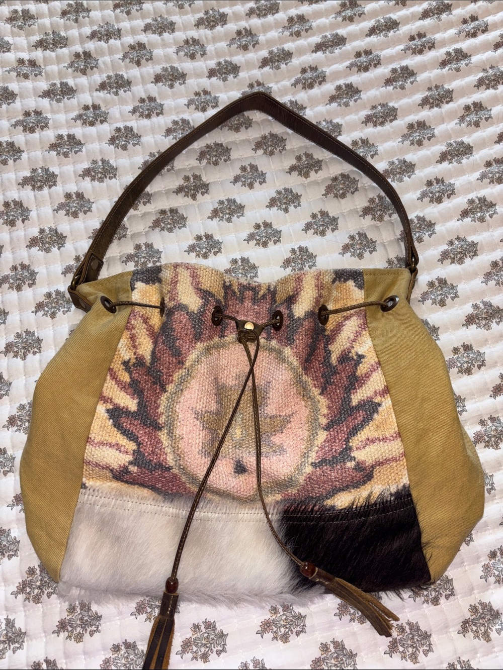 Myra Canvas & cowhide Boho Tote Bag in Mustard and Multicolor